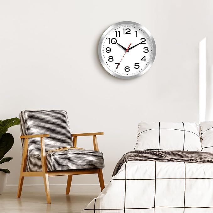 Roymnie 12 Inch Wall Clock, Battery Operated Silent Non Ticking Silver | analog wall clock; bold numerals for easy reading; silent non-ticking; 1 AA battery (not included); for classroom