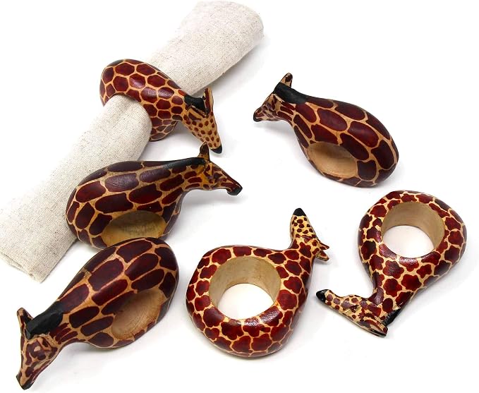 Global Crafts KWF012_G - Giraffe Wooden Napkin Rings - Handcarved Mahogany, Set of 6