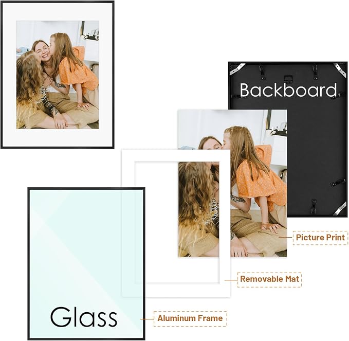 Frametory 2 Pack 14x18 Aluminum Frame with Mat for 11x14 Photo, Black