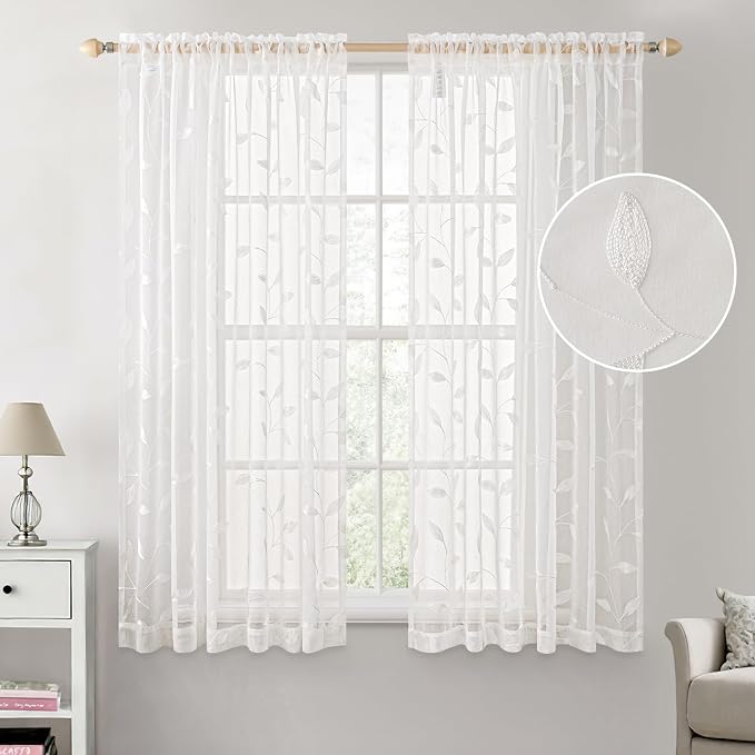 MIULEE White Sheer Curtains 2 Panels Embroidered Leaf Patterned, W52 x L63 | Embroidered Floral Semi Sheer,Rod Pocket,Faux Linen,Short Window Curtains Drapes Set for Kitchen/Bathroom/Cafe