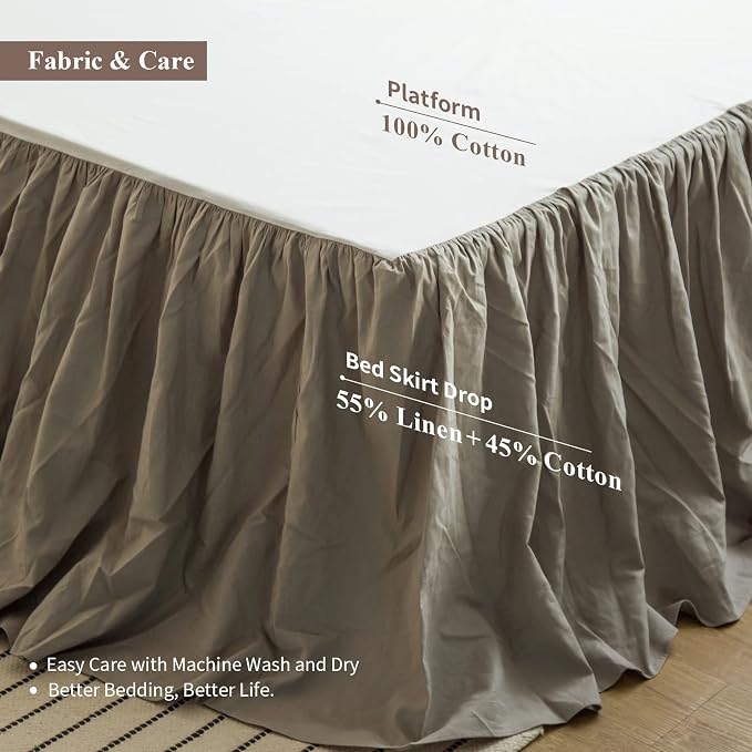 BISELINA French Linen Bed Skirt with Pleated Frills 22-Inch Tailored Drop Natural Flax Cotton Blend Dust Ruffle Soft Cozy Farmhouse Bedding (22" Queen, Grey)