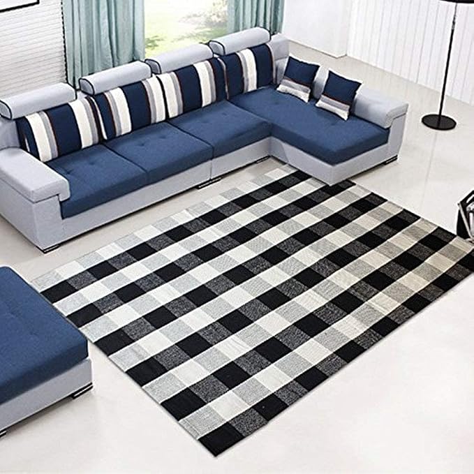 LEVINIS Buffalo Checkered Rug Hand-Woven Cotton Plaid Area Floor Rugs for Living Room Bedroom, 3.9 x 5.9 Feet, Black and White