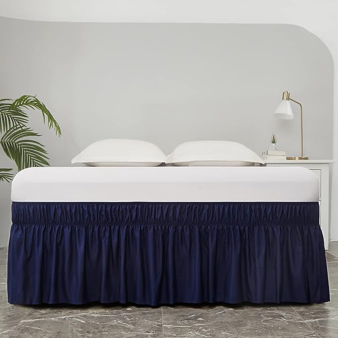 MEILA Wrap Around Bed Skirt for Queen & King Beds, 12" Drop, Navy Blue | Three-Side Adjustable Elastic Dust Ruffle, Ruffled Polyester Fabric, Easy to Install, Fade Resistant & Machine Washable