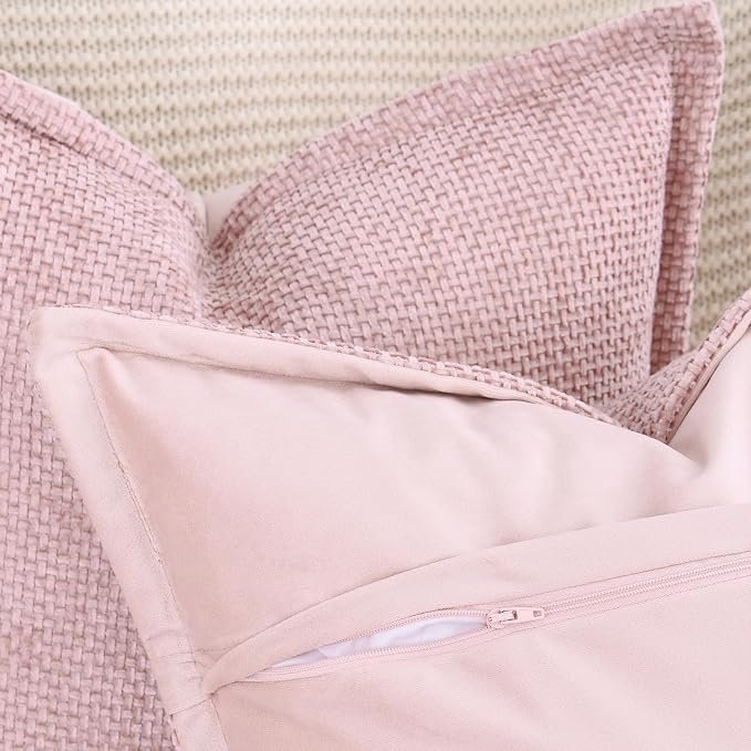 MADIZZ Decorative Chenille Velvet Throw Pillow Covers Set of 2 Soft Boho Textured Neutral Couch Throw Pillow for Bed Modern Farmhouse Home Decor for Sofa Livingroom Pink 20x20 Inch