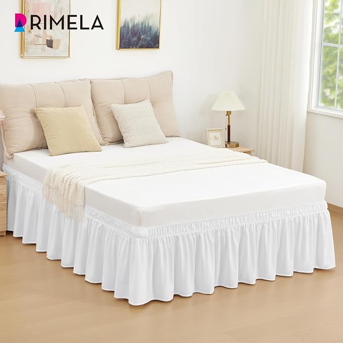 Bright White Bed Skirt Queen Size 15" Drop, Elastic Wrap Around Bedskirt | Solid Ruffled, Easy to Use, No Mattress Lifting, Wrinkle & Fade Resistant, with Adhesive Strips, Machine Wash/Dry/Iron