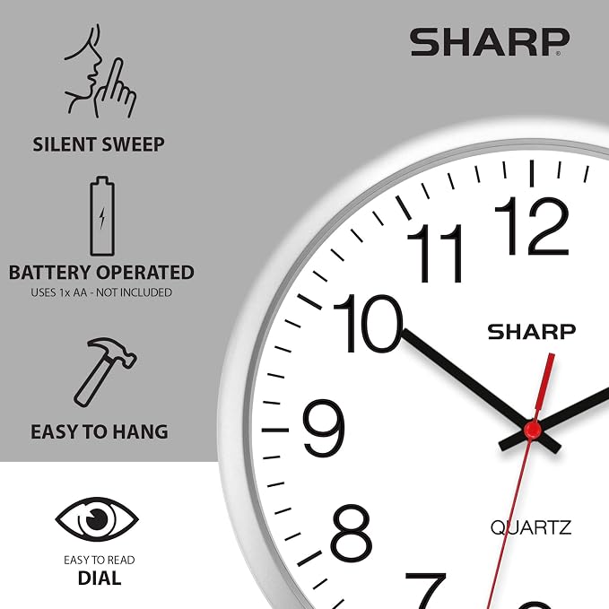 Sharp Wall Clock – Silver, Silent Non Ticking 14 Inch Quality Quartz Battery Operated Round Easy to Read Home/Kitchen/Office/Classroom/School Clocks, Sweep Movement (Pack of 2)
