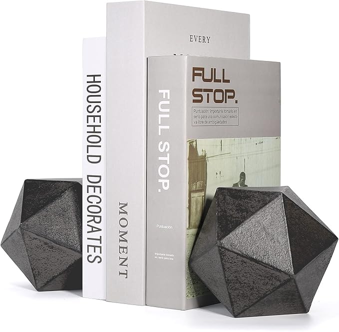 Ambipolar Geometric Decorative Ball Shaped Bookends, Modern Cast Iron Black Bookends for Office Desk, Book Shelf, Room Decor, Home Office, Book Stand or Organizer, Set of 2. Antique Black