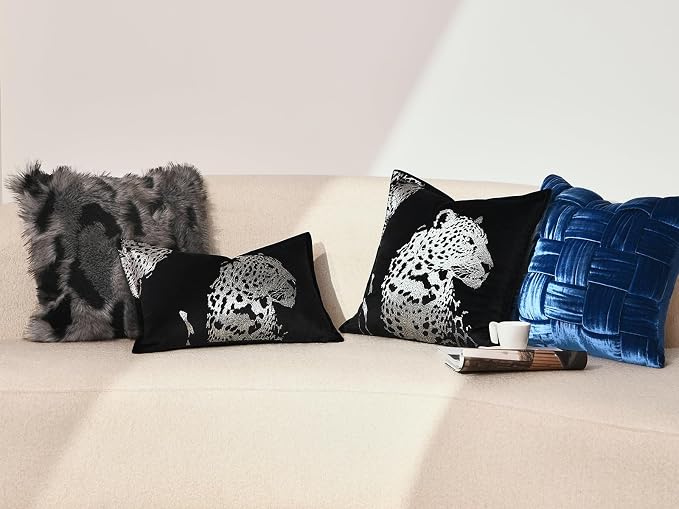 Velvet Lumbar Pillow Covers 12x20'' inches, Handmade Embroidered Cheetah Face Throw Pillow Case, Luxury Soft Decorative Cushion Cover for Sofa Bed Couch Living Room(Silver)