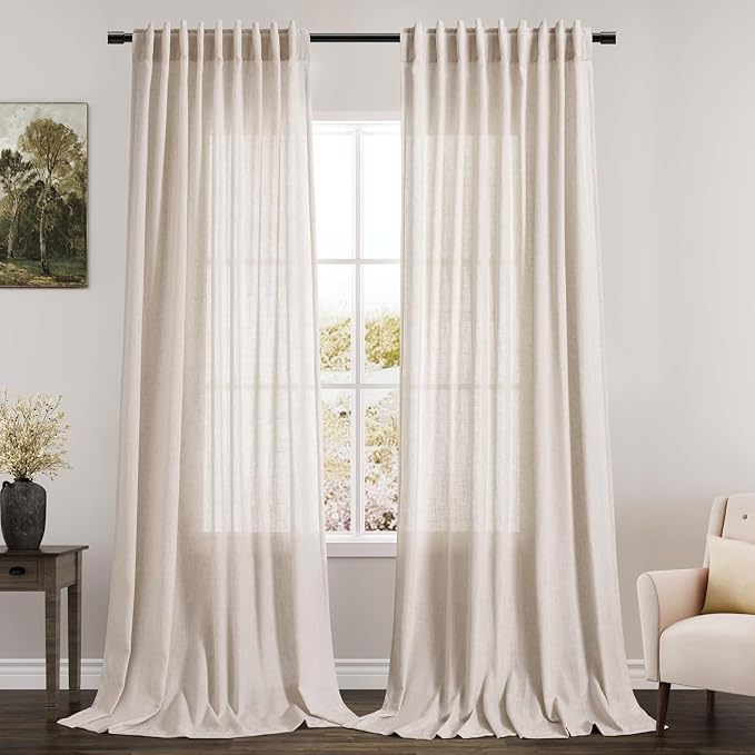 Beige Linen Curtains 90 Inches Long for Living Room Back Tab and Rod Pocket Semi Sheer Privacy Curtains Farmhouse Linen Cotton Textured Curtain for Bedroom 70x90,2 Panel