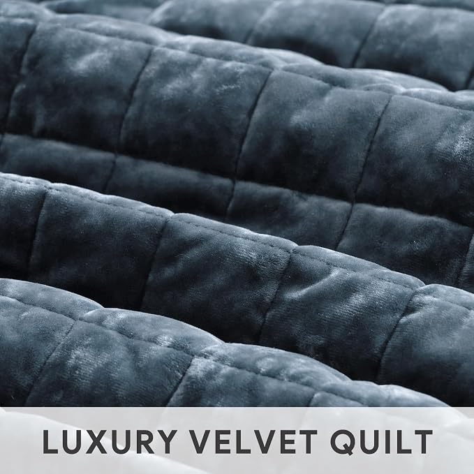 RECYCO Channel Box Stitch Velvet Quilt Set, Full Queen Size, Stormy Blue | Ultra Soft Lightweight Velvet Comforter, Luxury Oversized Bedspread Coverlet, Quilted Bedding Set for All Season with 2 Shams