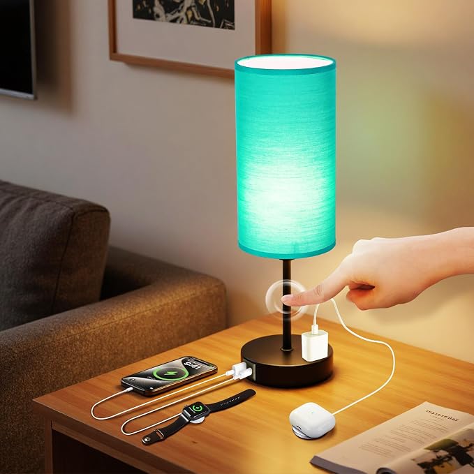 Table Lamp with USB Port - Teal Desk Lamp, Green Touch Lamp, Bedside Lamps, 3 Way Dimmable Small Lamps for Bedroom, Nightstand, Nursery, Dorm, Home, Office, Black Base+ Green Lampshade