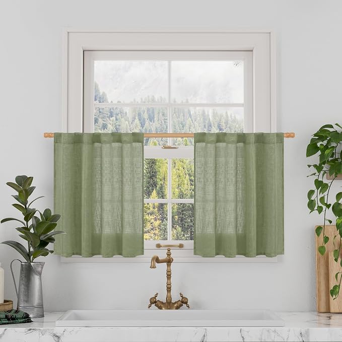 Small Window Semi Sheer Linen Curtains for Kitchen 24 Inch Length | Cafe Curtains, 24 inch Semi Sheer, Light Filtering Panels, Rod Pocket Back Tab, Drapes, 2 Panels, Sage Green, 34 x 24 Inch