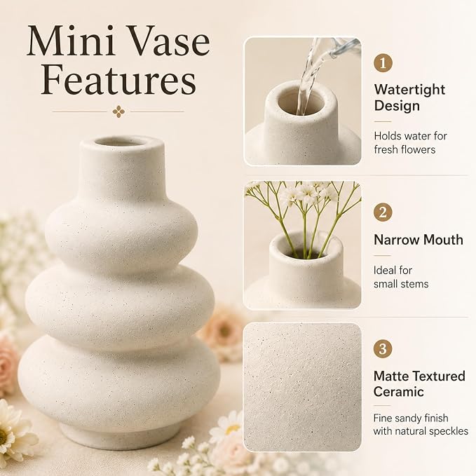 Ceramic Flower Vase Home Decor Small Vase Set of 6 Centerpieces for Tables | Farmhouse Vases Rustic Vintage Living Kitchen Bedroom Decorations for House Book Shelf Office Coffee Desk Dining Fireplace