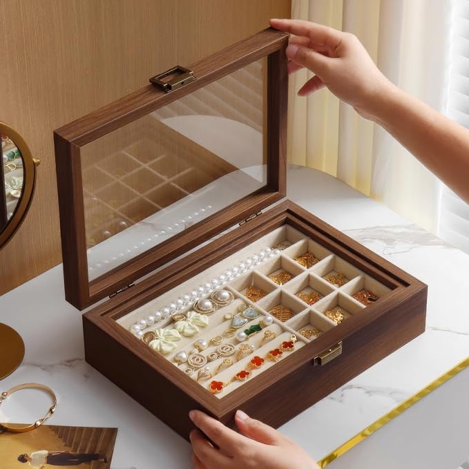 2-Layer Glass Lid Walnut Jewelry Box,Wooden Jewelry Organizer | Vintage Style Jewelry Box for Women girls,Ideal Gift for Rings, Earrings, Necklaces & Bracelets