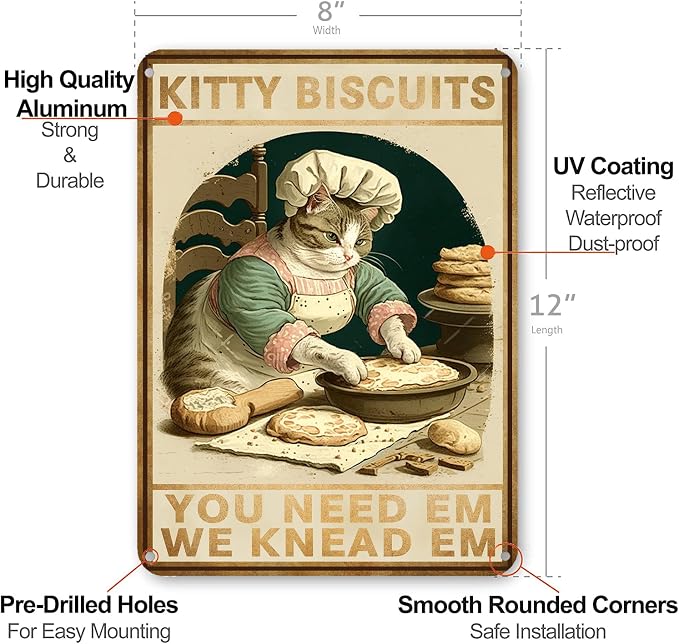 HYBLOM Cottagecore Decor - Cat Signs - Kitty Biscuits You Need Em We Knead Em Poster - Vintage Home Wall Art Metal Tin Sign 12x8 Inches