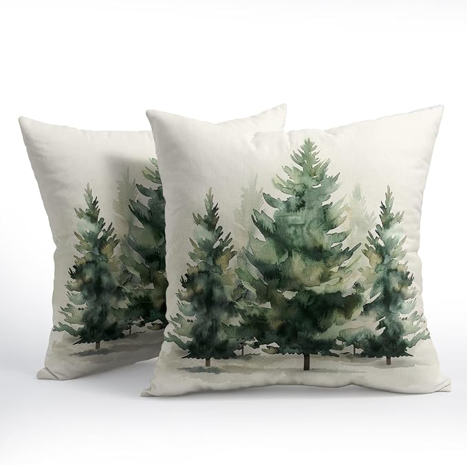 Watercolor Green Tree Throw Pillow Covers 20X20 Inch Set of 2 Green Christmas Tree Decorative Pillowcase Winter Nature Trees Holiday Cotton Linen Cushion Cover for Home Sofa Living Room Patio