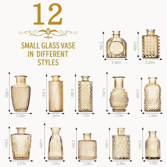 Mini Bud Vases As Wedding Centerpieces for Tables,Clear Bud Vases for Flowers,Small Flower Vases Suitable for Birthday Party,Anniversary,Wedding Reception,Baby Shower (Gold, 12PCS)