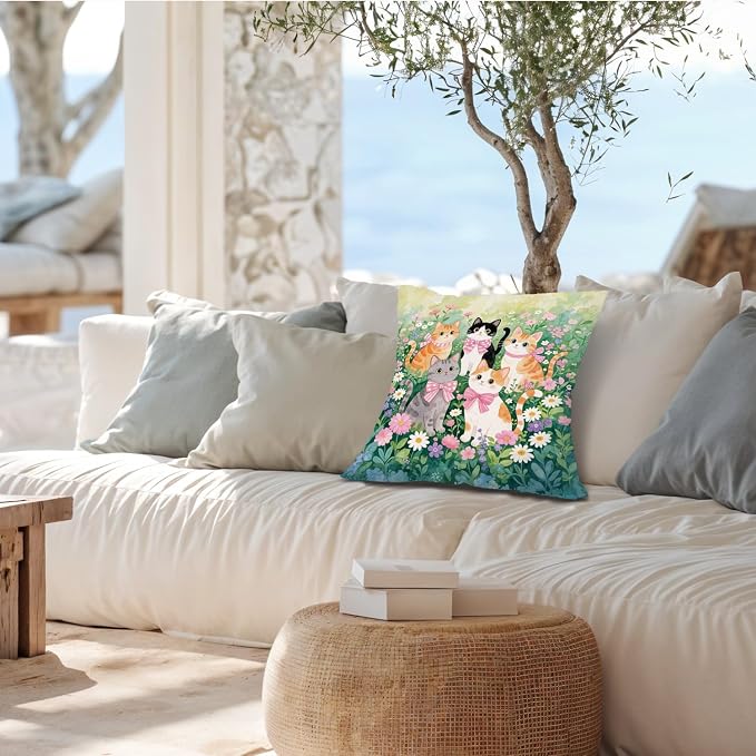 Coquette Pink Bow Cat Pillow Covers 18x18, Cat Room Decor, Cottagecore Wildflowers Cute Kitty Aesthetic Decorative Throw Pillow Covers Pillowcases for Bedroom Living Room Home Decor