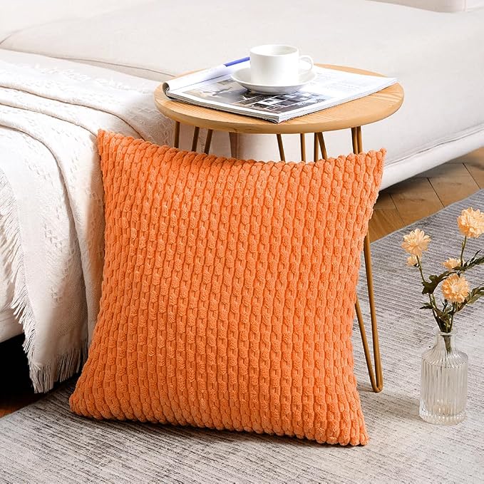 Fancy Homi 2 Packs Orange Fall Decorative Throw Pillow Covers 18x18 Inch for Couch Living Room Bed Sofa, Halloween Pumpkin Autumn Home Decor, Soft Cute Plush Corduroy Striped Cushion Case 45x45 CM