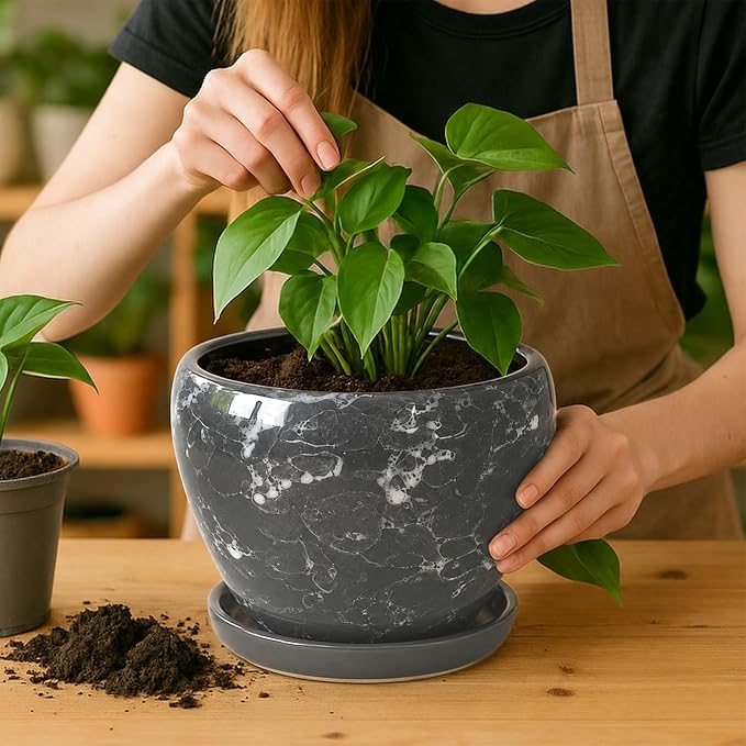 Deep Dream 8 Inch Plant Pots- Ceramic Pots for Plants with Drainage Hole and Saucer, Large Planter Pot for Indoor Plants Outdoor Decor, Gemstone Gray