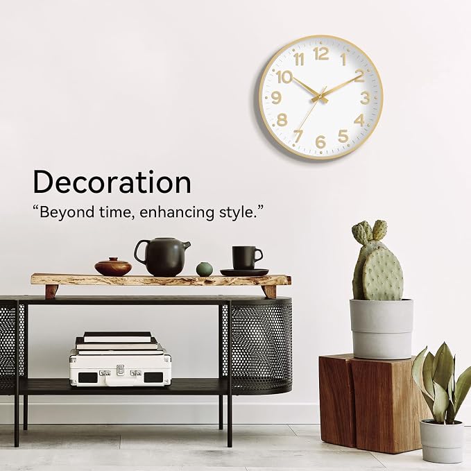 Roymnie 8 Inch Wall Clock, Battery Operated Silent Non Ticking Analog | White Gold modern analog; large 3D easy-read dial for kitchen, office, bathroom & bedroom; 1 AA battery (not included)