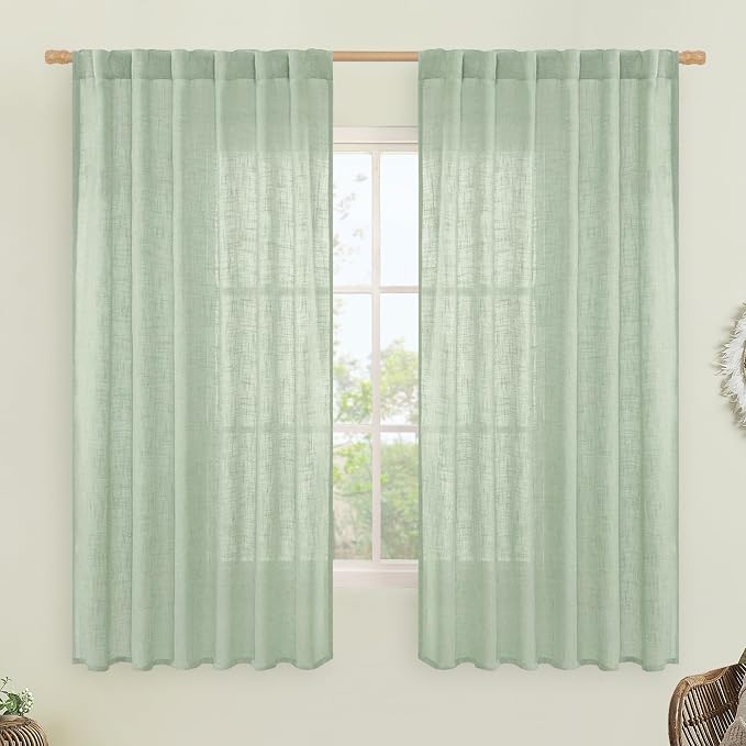 Semi Sheer Linen Curtains 63 Inch for Living Room 52 x 63 Inch | Curtains for Bedroom, Kitchen, Small Window, Light Filtering, Neutral Farmhouse, Rod Pocket Back Tab, Fresh Green, 2 Panels