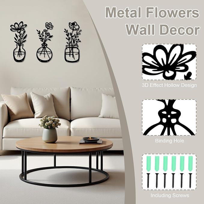 Lufstd Flower Wall Decor, 3 Piece Metal Flower Wall Art, Metal Flowers Wall Decor for Living Room, Bedroom, Dining Room, Bathroom, Kitchen (Matte Black
