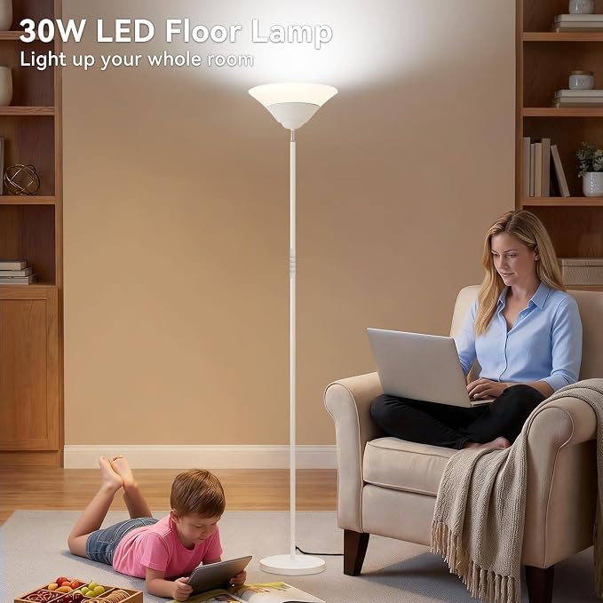 SIBRILLE Torchiere Floor Lamp, 30W Dimmable LED Standing Lamp with Remote/Button Control, 1800Lm, 3000-6500K, 72in Bright Standing Pole Light for Living Room Bedroom Office Corner, White