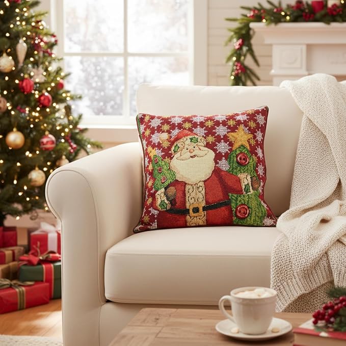 Tache Christmas Red Santa Throw Pillow Cover 1 Piece 16" X 16" Festive Tapestry Cute Santa Claus is Coming to Town Cushion Throw Pillow Cover