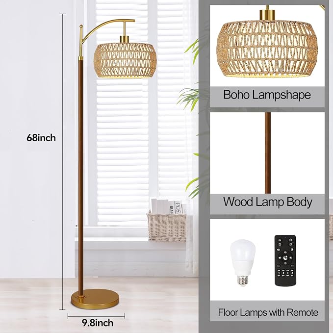 AHDWDW Arc Gold Floor Lamp for Living Room with Remote,Farmhouse Boho Floor Lamps with Timer,Rustic Standing Lamp with Hand-woven Rattan Wicker Shade and Fabric,Adjustable Tall Lamp for Bedroom,Corner