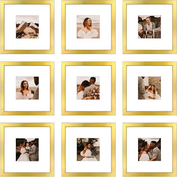 8x8 Picture Frame Set of 9, Display Pictures 4x4 with Mat or 8x8 without Mat, Multi Collage Gallery Square Photo Frames for Wall or Tabletop, Gold