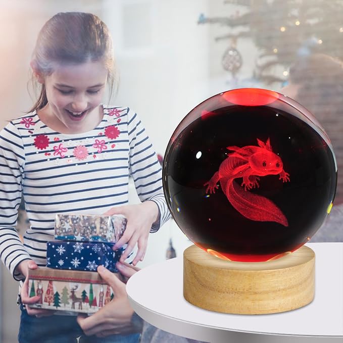 3D Axolotl Crystal Ball Night Light, Upgraded 3.15 Inch Glass Ball Lamp with 16 Color LED Wooden Base, Axolotl Decor Birthday Holiday Christmas Axolotl Gifts for Boys Girls Friends