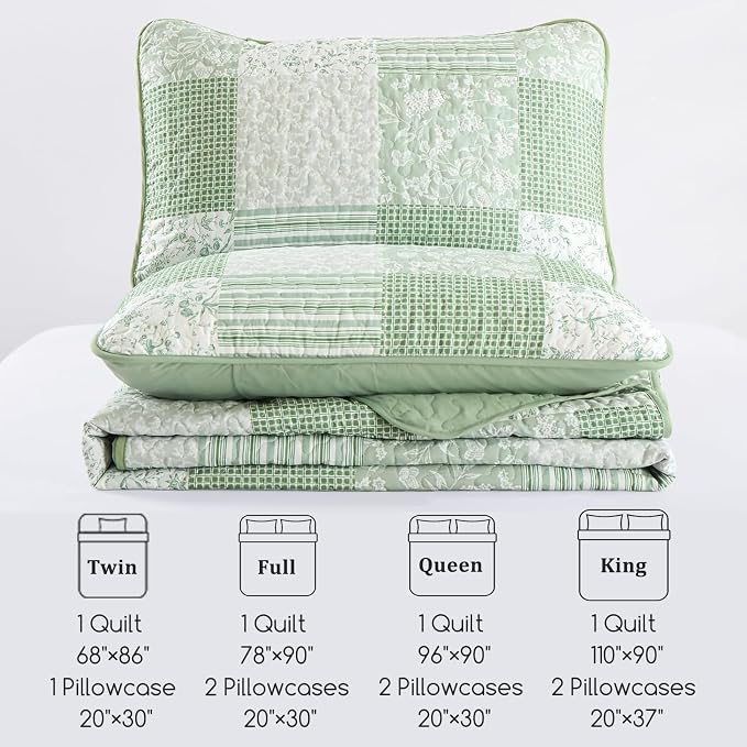 Mybedsoul Light Green Quilts Queen Size, Patchwork Floral Bedding Set | Soft Lightweight Microfiber Coverlet Set, 3 Pieces Plaid Boho Reversible Bedspread, Bed Sets for All Seasons 96"x90"