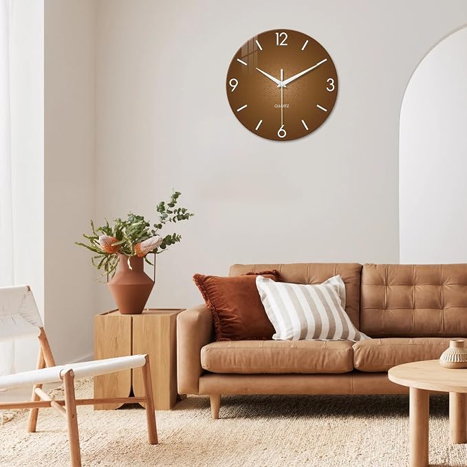 XFM Brown Glass Wall Clock 12 Inch Modern Silent | Non-Ticking Battery Operated Simple Analog Minimalist Decorative for Living Room Kitchen Home Office