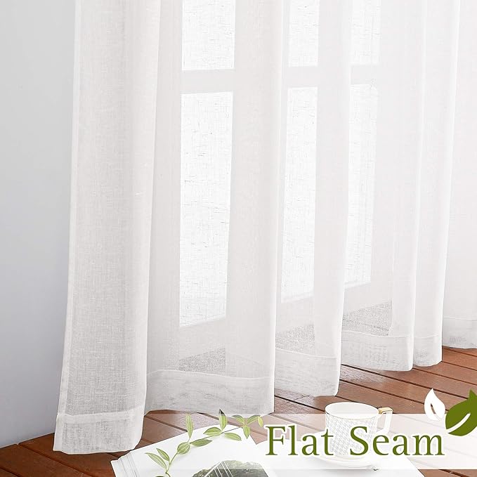 NICETOWN Linen Sheer Short Curtains 48 inch Length 2 Panels for Kitchen, Grommet Semi Sheer Small Curtains & Drapes Privacy with Light Filtering for Nursery, White, W36 x L48, 2 Pieces