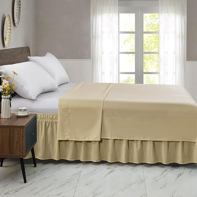 FreshCulture Elastic Wrap Around Bed Skirt - Easy Fit with 18-Inch Tailored Drop, Hotel Quality Dust Ruffle for Full Size Bed (Beige)