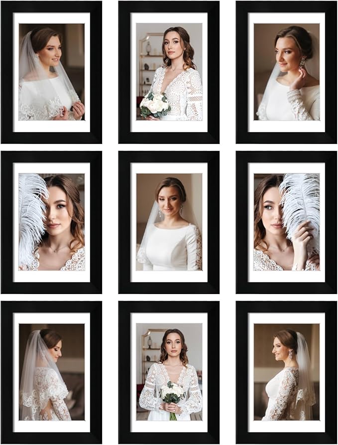 4x6 Picture Frame Set of 9, Display Pictures 3.5x5 with Mat or 4x6 without Mat, Multi Collage Gallery Square Photo Frames for Wall or Tabletop, Black