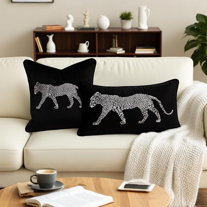 vctops Soft Velvet Embroidery Square Decorative Throw Pillow Covers Leopard Pattern Cushion Case for Sofa Bedroom Couch (Black,18"x18")