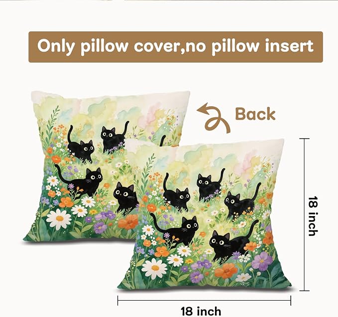 Watercolor Floral Black Cat Pillow Covers 18x18, Cat Room Decor, Moody Cute Black Kitten Wildflower Botanical Decorative Throw Pillow Covers Pillowcases for Bedroom Living Room Home Decor