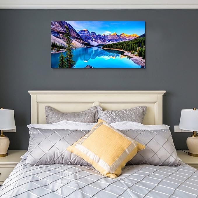 Haichuang Decor Art Moraine Lake Canvas Wall Art 57x28 Inches Framed Rocky Mountain Lake Wall Decor Wood Frame Waterproof HD Giclee Print Ready to Hang Nature Artwork for Living Room Bedroom Office