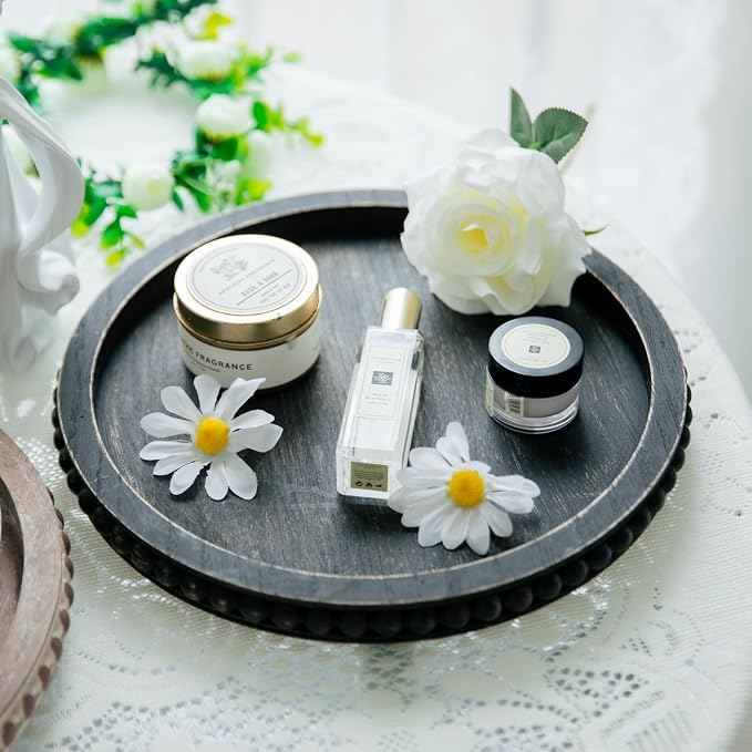 HPC Decor 12in Round Tray for Home Decor- Black Wood Beaded, Decorative Round Tray for Living Room Decor, Coffee Table Decor, Kitchen Table Decor or Farmhouse Serving Tray