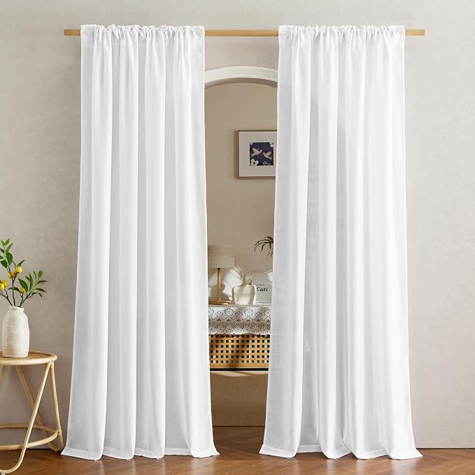 NICETOWN White Linen 108 inch Curtains for Living Room, Rod Pocket & Back Tab Thick Flax Privacy Semi Sheer Window Treatments with Light Filtering for Bedroom, W55 x L108, 2 Panels