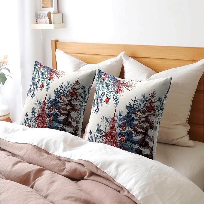 Christmas Tree Throw Pillow Covers 24x24 Inch Set of 2 Winter Watercolor Pine Trees Red Berry Bells Birds Decorative Pillowcase Xmas Holiday Cotton Linen Cushion Cover for Home Sofa Couch Patio