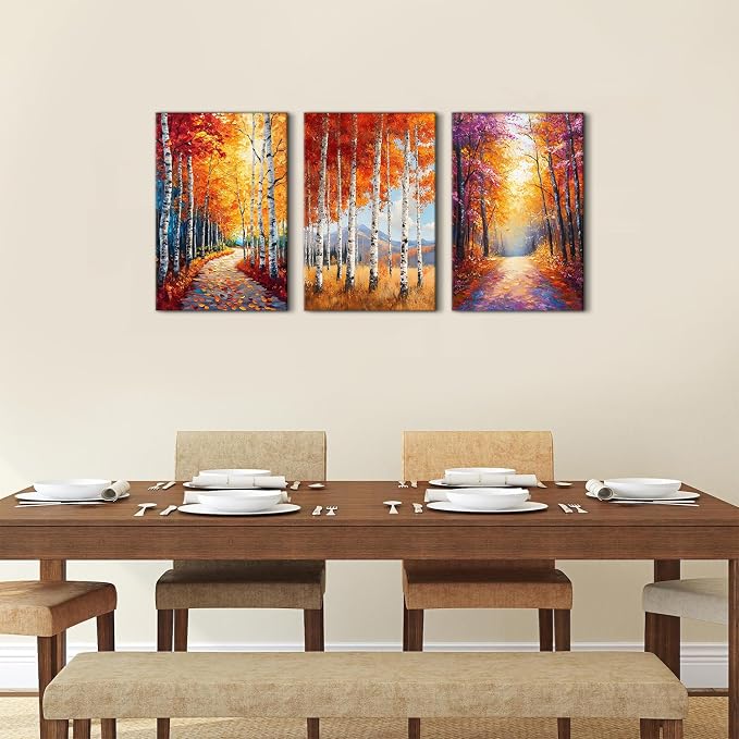 Mystery Forest Wall Art for Bathroom Decor Fall Forest Pictures Wall Decor Orange Yellow Woodland Painting Nature Wilderness Canvas Pictures Artwork for Bedroom Living Room Home Decoration 16x24" 3Pcs