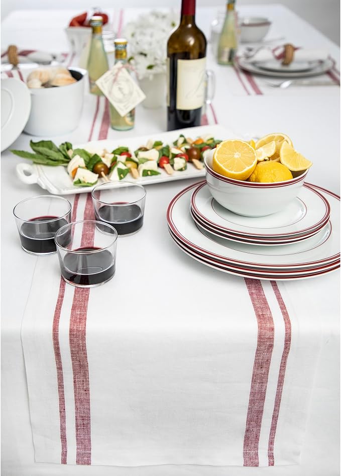 Solino Home 100% Linen Table Runner, 14 x 72 in, Burgundy and White Striped | French Stripe, brings a tailored look to family meals and hosting, woven stripe, European flax fibres, OEKO-TEX Certified
