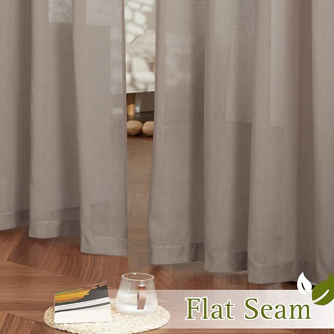 NICETOWN Linen Flax Semi Sheer Curtains 72" Length, Grommet Top Bedroom Window Treatments Privacy with Light Filtering Vertical Drapes for Loft/Bedroom, Burlap, W52 x L72, 2 Panels