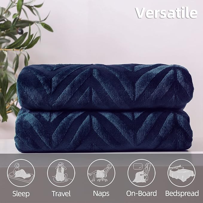 Whale Flotilla Flannel Fleece Bed Blanket Twin XL Size, Navy Blue | Lightweight Breathable Soft Bedspread, Plush Fluffy Coverlet Chevron Design Decorative Blanket for All Season, 90x66 Inch