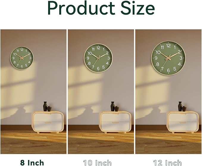 Roymnie 8 Inch Wall Clock, Battery Operated Silent Non Ticking Green Analog | Green & gold modern analog; large 3D easy-read dial for kitchen, office, bathroom & bedroom; 1 AA battery (not included)