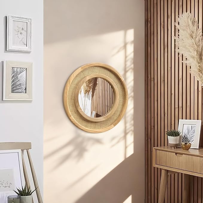 JJUUYOU Wooden Mirror Circle Mirrors for Wall 16 Inch Circular Hanging Mirrors with Wood Frame for Living Room Bathroom Vanity Entryway Hallway
