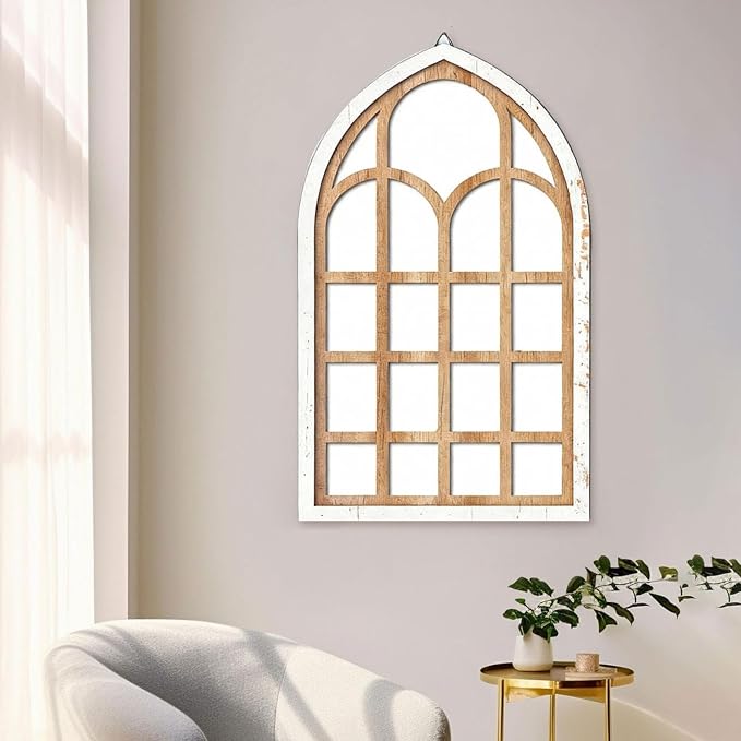 Fenteer Arched Window Mirror Wall Decor Acrylic Modern Wall Decorative Window Pane Mirror for Living Room Bathroom Home Decor, Brown